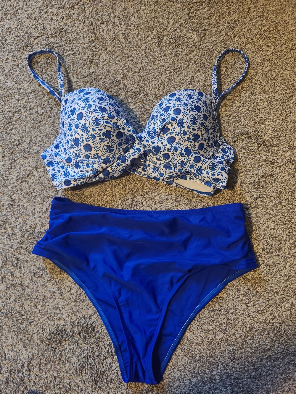 Blue Floral Underwire Bikini Top with Royal Blue High-Waist Bottom